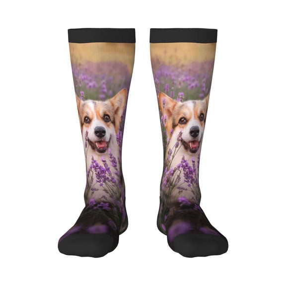 Honeii Dog in Lavender Flowers Print Long Socks,Novelty Design Socks Gift for Men and Women,Crew Socks,Calf Socks
