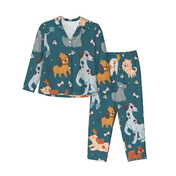 Honeii Dogs Print Women's Pajama Sets Long Sleeve Button Down Sleepwear Nightwear Soft Pjs Lounge Sets 2PCS-