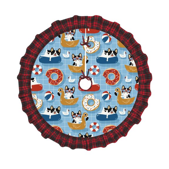 Honeii Dogs With Pool Floats Pattern Christmas Tree Skirt, Christmas Ribbon Holly Winter Holiday Tree Mat Decoration-