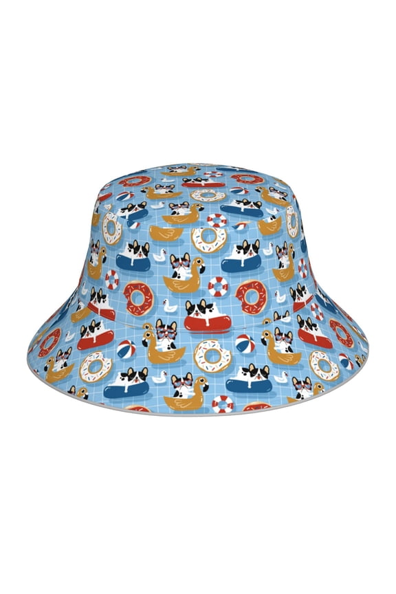 Dogs With Pool Floats for Unisex Bucket Hat Waterproof Rain Hat Reversible Shiny Rave Bucket Hat for Concert Festival Boonie Cap