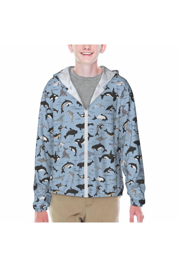 Dolphins Print Sun Protection Jacket Hooded Cooling Shirt with Pockets Hiking Outdoor Performance-