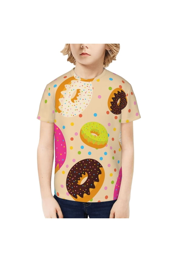 Donuts Print Kids Boy T-Shirt,Breathable Round Neck Tee,Stylish Summer Tee for Boys, for Outdoor Activities and Casual Wear