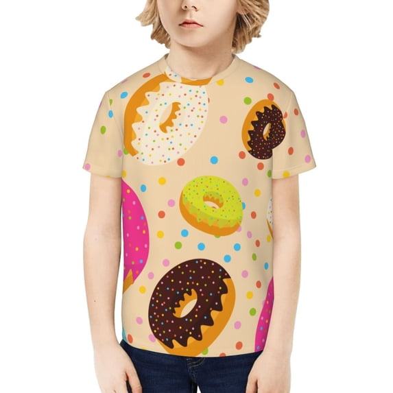Honeii Donuts Print Kids Boy T-Shirt,Breathable Round Neck Tee,Stylish Summer Tee for Boys, for Outdoor Activities and Casual Wear