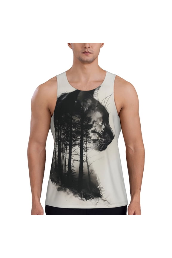 Double Exposure Cat Forest Pattern Men's Workout Tank Top Casual Sleeveless Gym Muscle Shirts Bodybuilding Tee-3X-Large