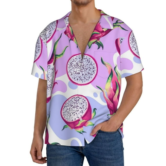 Honeii Dragon Fruit for Men's Short-Sleeved Button-Up Collared Shirt Featuring A Pocket, Perfect for Beach Vacations, And Travel Adventures.-X-Large