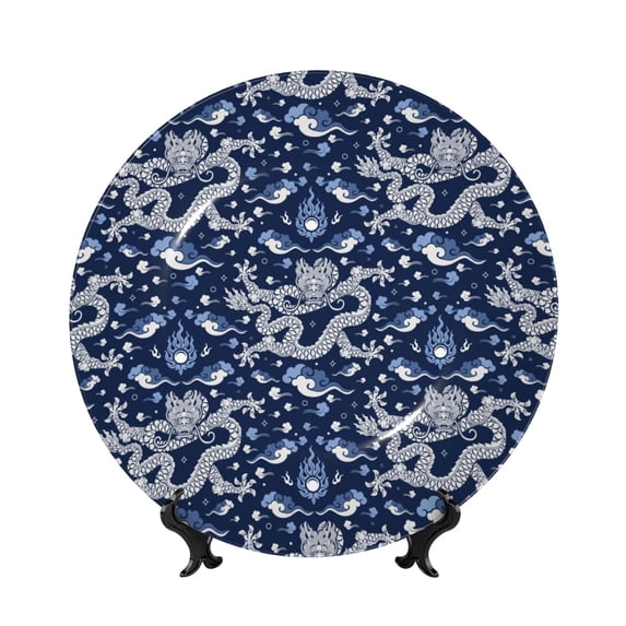 Honeii Dragon Print Elegant Bone China Decorative Plate, Porcelain Plate,Art Crafts,Ceramic Ornaments for Home Office Wall Decor-7in