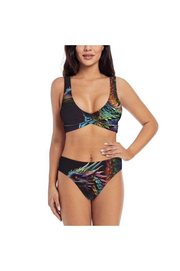 Dragon with Colorful Tail Print Women’s Bikini Set,Two Piece Swimsuit Bathing Suits,Stylish High Elasticity Swimwear for Beach and Pool