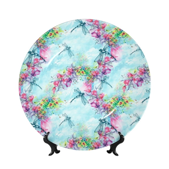 Honeii Dragonfly Floral Print Elegant Bone China Decorative Plate, Porcelain Plate,Art Crafts,Ceramic Ornaments for Home Office Wall Decor-7in