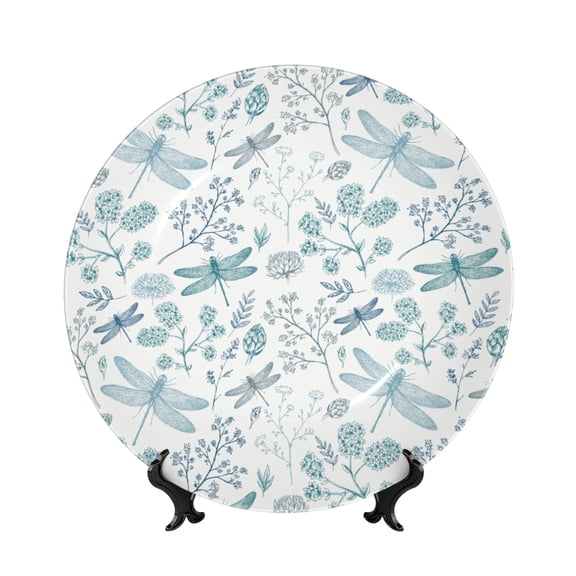 Honeii Dragonfly Print Elegant Bone China Decorative Plate, Porcelain Plate,Art Crafts,Ceramic Ornaments for Home Office Wall Decor-6in