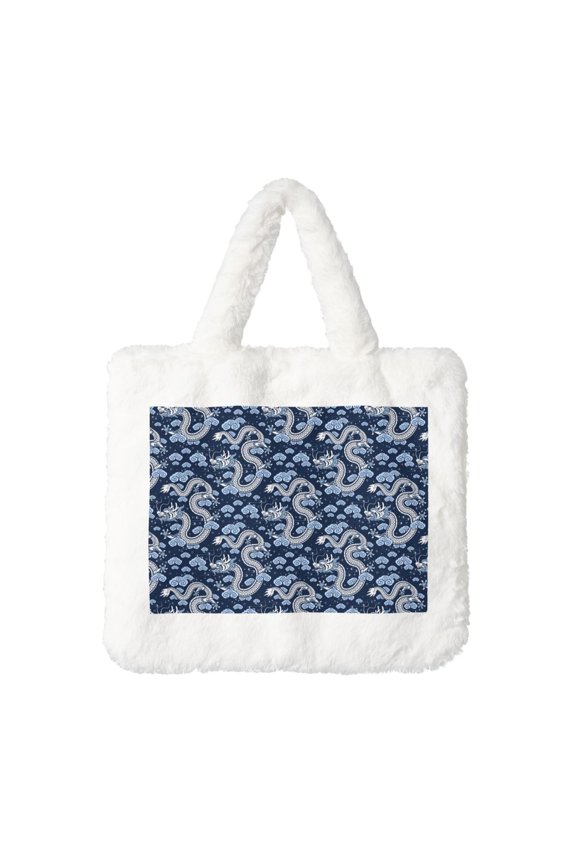 Dragons Print Fluffy Shoulder Bag Plush Bags Women Ladies Tote Bag Fluffy Furry Purse Handbag for Autumn and Winter