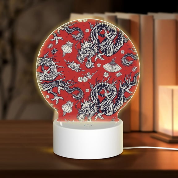 Honeii Dragons2 Print Acrylic LED Night Lamp,Round Touch-Control Night Light with 3 Lighting Modes,for Bedrooms, Living Rooms, and Gifting
