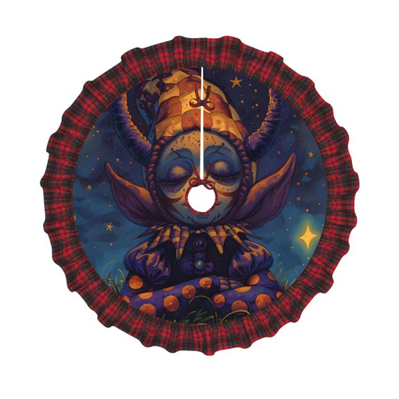 Honeii Dreamy Jester Under Stars Pattern Christmas Tree Skirt, Christmas Ribbon Holly Winter Holiday Tree Mat Decoration-