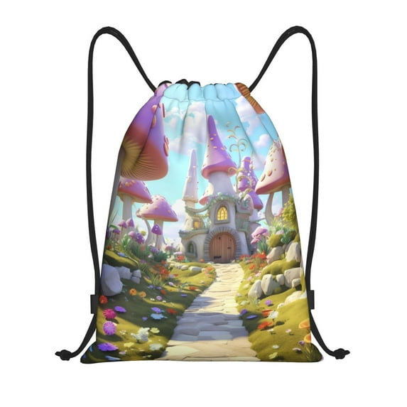 Honeii Dreamy Mushroom House Print Drawstring Backpack,Drawstring Bags String Backpack Gym Cinch Sack Backpack Sport Bag Draw-Medium