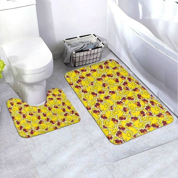 Honeii Duck with Star Sunglasses Pattern Bathroom Anti-Skid Pad Bathroom Mat Vintage Seamless Pattern Not-Slip Toilet Rug Set