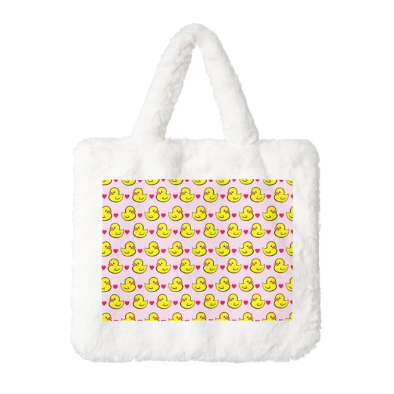 Honeii Ducks And Pink Heart Print Fluffy Shoulder Bag Plush Bags Women Ladies Tote Bag Fluffy Furry Purse Handbag for Autumn and Winter