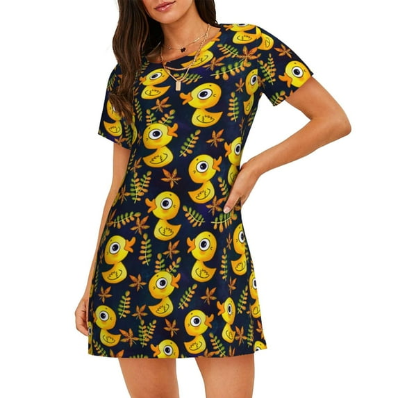 Honeii Ducks Print Women's Loose Short Sleeve Nightgown, Soft Cotton Sleepwear, Comfy Loose Fit Pajama Dress for Sleep and Lounge