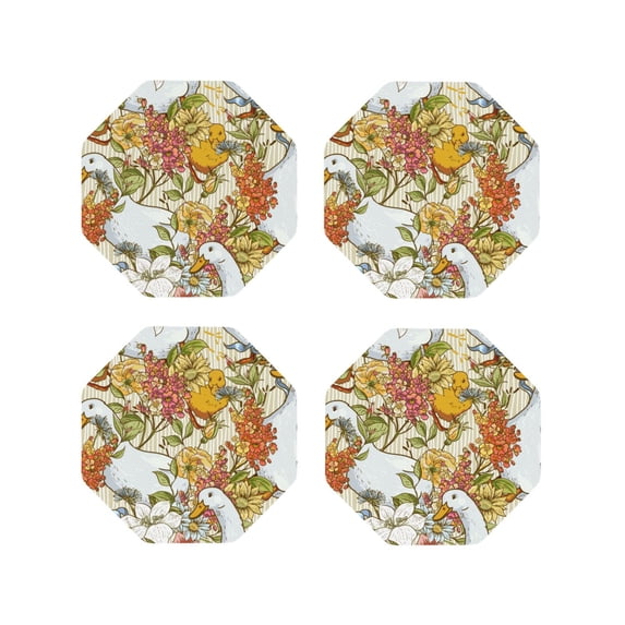 Honeii Ducks and Flowers print Leather Coaster Set of 4, ideal for safeguarding your furniture from drinks spills and effortless cleanup-Octagon