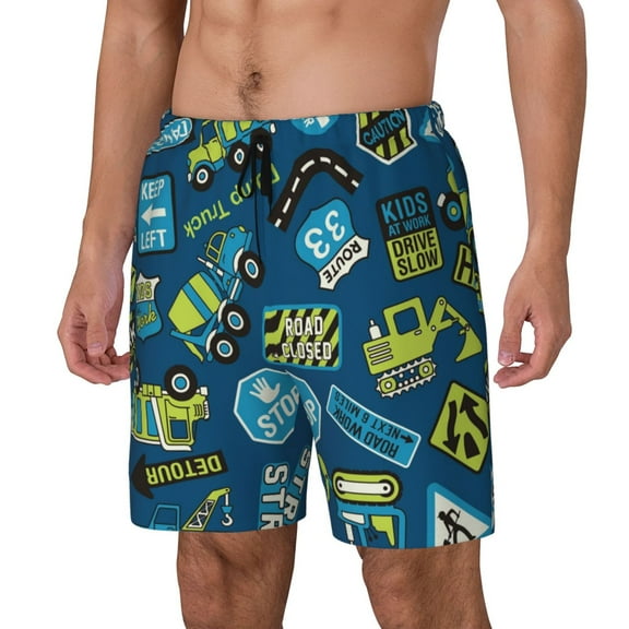 Honeii Dump Truck Print Men's Swim Shorts,Mens Swim Trunks,Breathable Mesh Beach Shorts for Swimming,Surfing, and Beach Activities-XX-Large