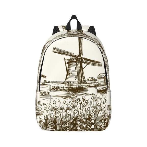Honeii Dutch Windmill Print Canvas College Laptop Backpack, Durable Rucksack Travel Notebook Bag School Backpack Book Bag for Men Women-Small