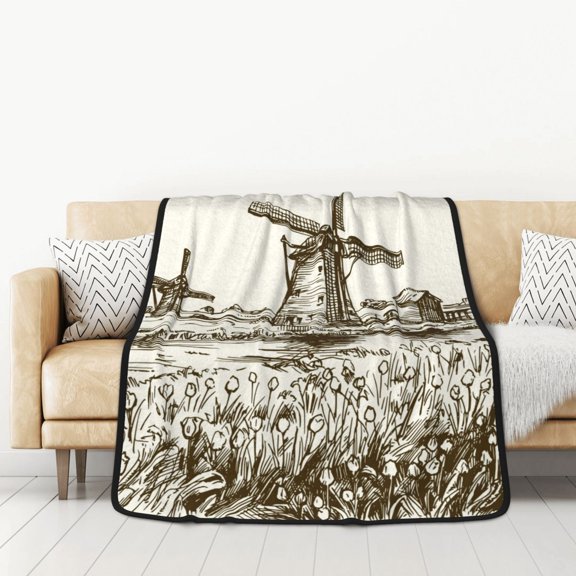 Honeii Dutch Windmill for Throw Blanket for Couch - Thick Blanket, Soft Fuzzy Plush Throw Blanket for All Seasons, Double Sided Blanket,50x60 In