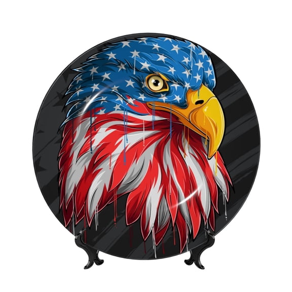 Honeii Eagle Head With American Flag Print Elegant Bone China Decorative Plate, Porcelain Plate,Art Crafts,Ceramic Ornaments for Home Office Wall Decor-7in