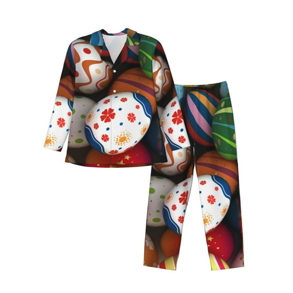 Honeii Easter Egg Pattern Mens Pajamas Set,2pcs Men's Lounge Long Sleeve Sleep Shirt and Pajama Bottoms Sleepwear Set,Mens Pjs Sets-Large