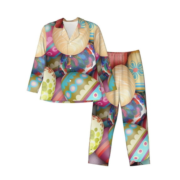Honeii Easter Eggs Pattern Mens Pajamas Set,2pcs Men's Lounge Long Sleeve Sleep Shirt and Pajama Bottoms Sleepwear Set,Mens Pjs Sets-XX-Large