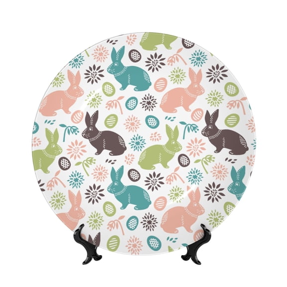 Honeii Easter Rabbit Print Elegant Bone China Decorative Plate, Porcelain Plate,Art Crafts,Ceramic Ornaments for Home Office Wall Decor-6in