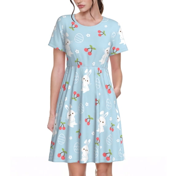 Honeii Easter Rabbit Print Women’s Short Sleeve Dress, Comfortable Casual Dress, Soft Polyester Spandex Blend, Stylish Everyday Wear for Summer, Perfect for Travel and Vacation
