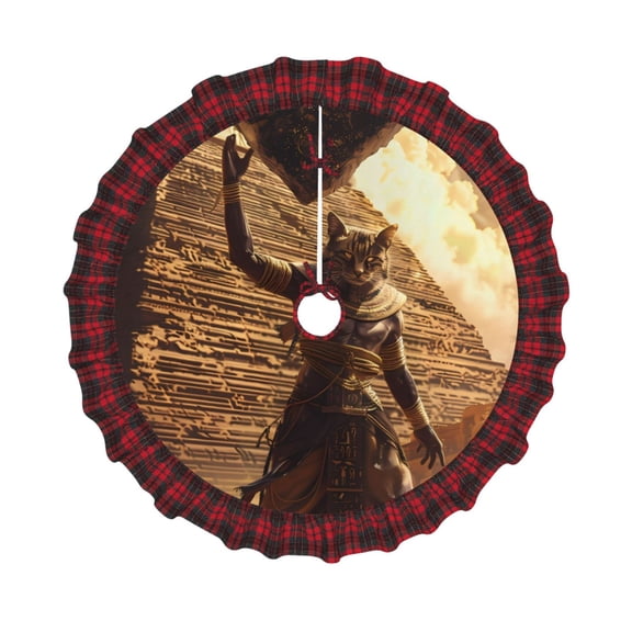 Honeii Egyptian Cat Pharaoh Magic Pattern Christmas Tree Skirt, Christmas Ribbon Holly Winter Holiday Tree Mat Decoration-30"