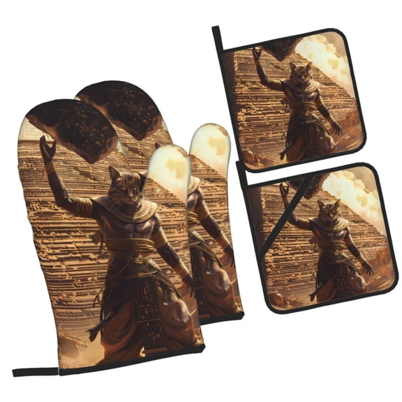 Honeii Egyptian Cat Pharaoh Magic Pattern Oven Mitts and Pot Holders, Silicone Oven Gloves,500 F Heat Resistant Oven Mitts Sets, 4PCS