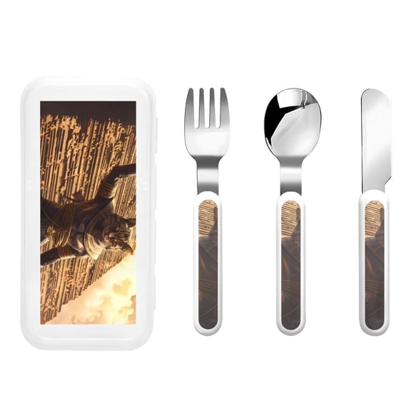 Honeii Egyptian Cat Pharaoh Magic Print Children's Knife, Fork And Spoon Set,Reusable Utensils Set with Case,Travel Cutlery Set,for Kids Adults Camping