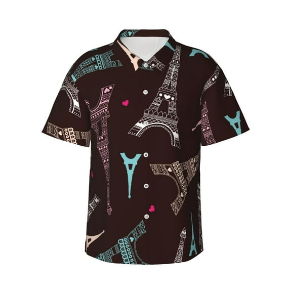 Honeii Eiffel Tower Print Men’s Hawaiian Shirt,Classic Button-Down Short Sleeve Shirt, for Beach, Vacation, and Outdoor Activities,XX-Large