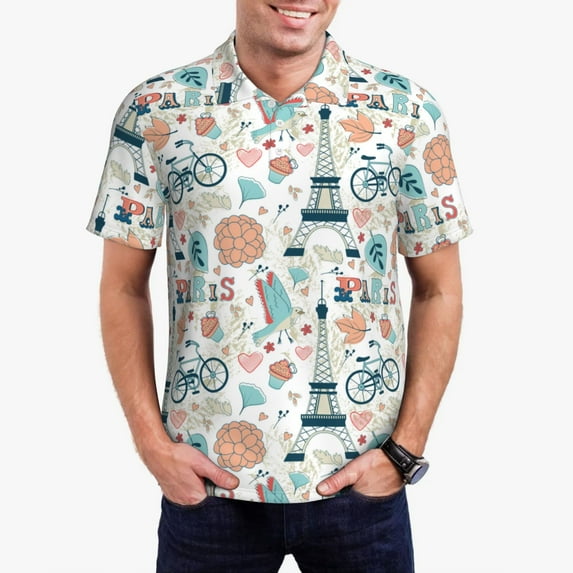 Honeii Eiffel Tower print Polo Shirt, a classic short-sleeved, button-down golf shirt designed for menMedium