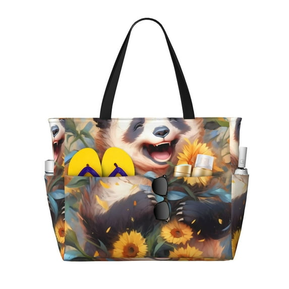 Honeii Elegant Cute Panda Sunflower for Tote Bag with Adjustable Strap,Beach Bag, Waterproof Sandproof Beach Tote Bag, Large Capacity Foldable Beach Bags