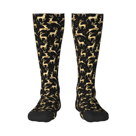 Honeii Elegant Gold Moose Print Long Socks,Novelty Design Socks Gift for Men and Women,Crew Socks,Calf Socks
