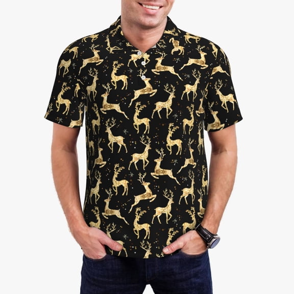 Honeii Elegant Gold Moose Print Polo Shirt, A Classic Short-Sleeved, Button-Down Golf Shirt for Men,Mens Polo Shirts Short Sleeve-4X-Large