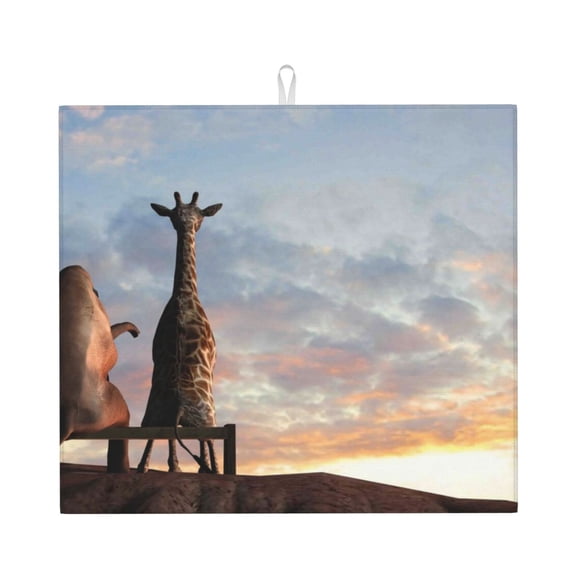Honeii Elephant Giraffe for Dish Drying Mat for Kitchen Counter, Non-slip Rubber Backed, Hide Stain Kitchen Super Absorbent Draining Mat, Dish Rack Pad