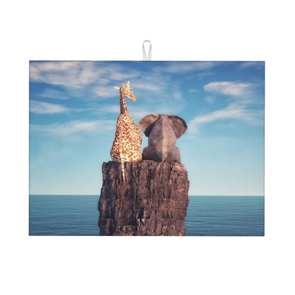 Honeii Elephant And A Giraffe Sitting On A Rock Admiring The Ocean Print Kitchen Drying Mat Coffee Bar Mat Hide Stain Coffee Maker Mat for Countertops Coffee Pot Dish Drying Mat
