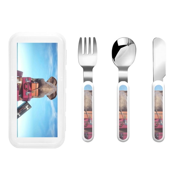 Honeii Elephant Sits Print Children's Knife, Fork And Spoon Set,Reusable Utensils Set with Case,Travel Cutlery Set,for Kids Adults Camping