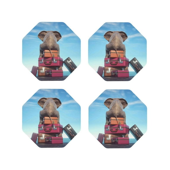 Honeii Elephant Sits print Leather Coaster Set of 4, ideal for safeguarding your furniture from drinks spills and effortless cleanup-Octagon