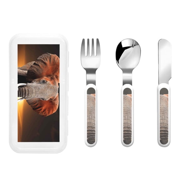 Honeii Elephant Sunset in Kenya Print Children's Knife, Fork And Spoon Set,Reusable Utensils Set with Case,Travel Cutlery Set,for Kids Adults Camping
