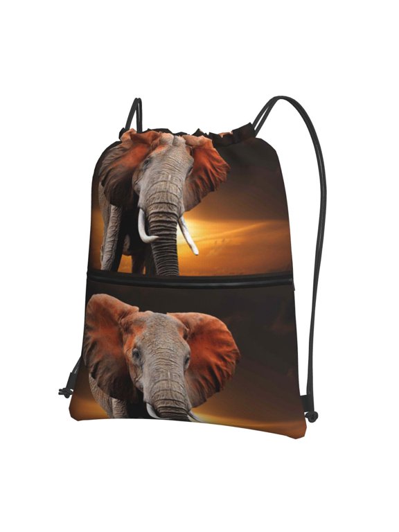 Elephant Sunset in Kenya Print Drawstring Backpack,String Bag,Sackpack Cinch Water Resistant Nylon for Gym Shopping Sport Yoga
