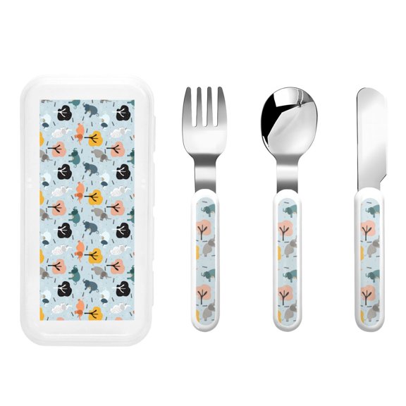 Honeii Elephant Tree Print Children's Knife, Fork And Spoon Set,Reusable Utensils Set with Case,Travel Cutlery Set,for Kids Adults Camping