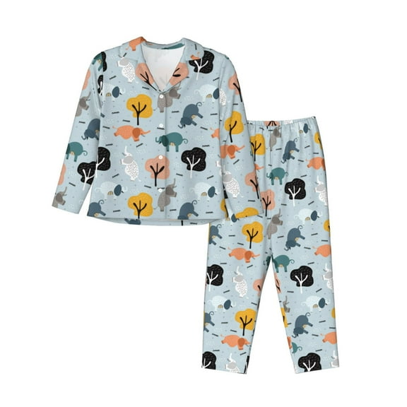 Honeii Elephant Tree print Women's Pajama Sets Long Sleeve Button Down Sleepwear Nightwear Soft Pjs Lounge Sets-Small