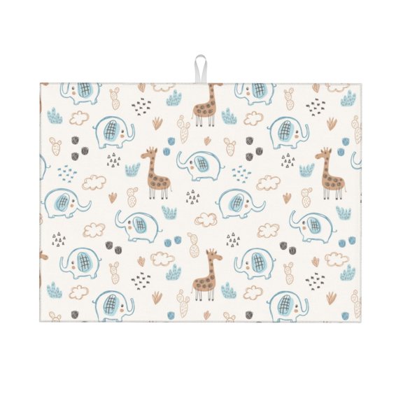 Honeii Elephants And Giraffes Print Kitchen Drying Mat Coffee Bar Mat Hide Stain Coffee Maker Mat for Countertops Coffee Pot Dish Drying Mat