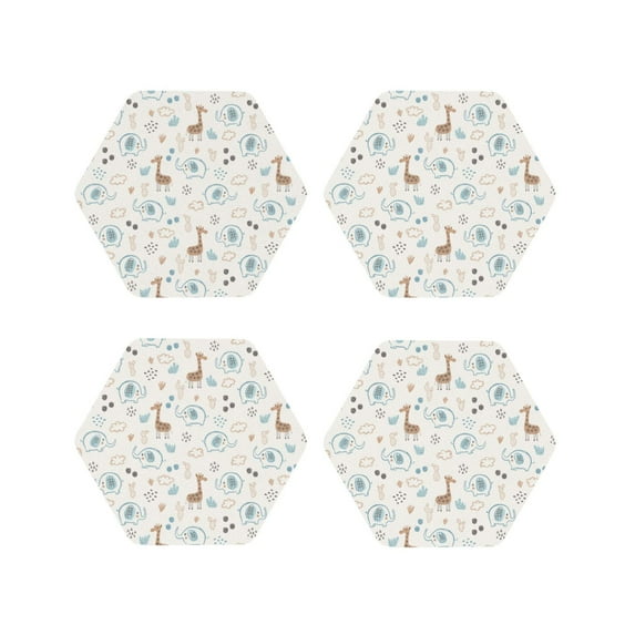 Honeii Elephants And Giraffes Print Leather Coaster Set of 4, Ideal for Safeguarding Your Furniture from Drinks Spills and Effortless Cleanup-Hexagon