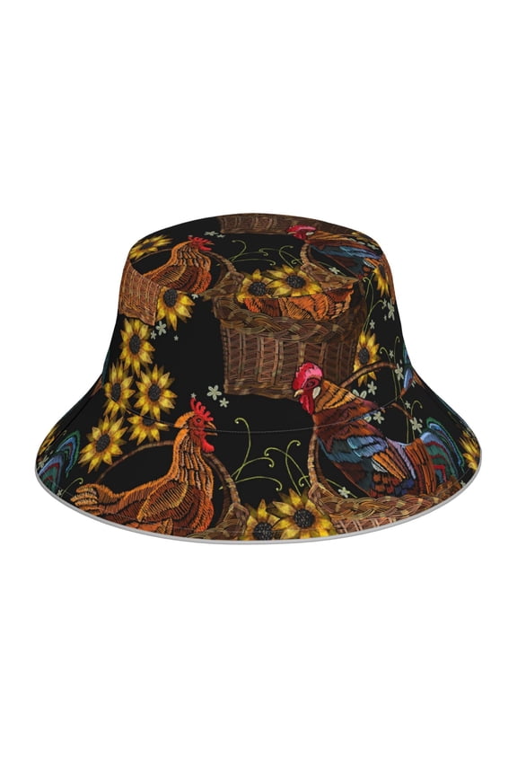 Embroidery Chicken Rooster And Sunflowers for Unisex Bucket Hat Waterproof Rain Hat Reversible Shiny Rave Bucket Hat for Concert Festival Boonie Cap