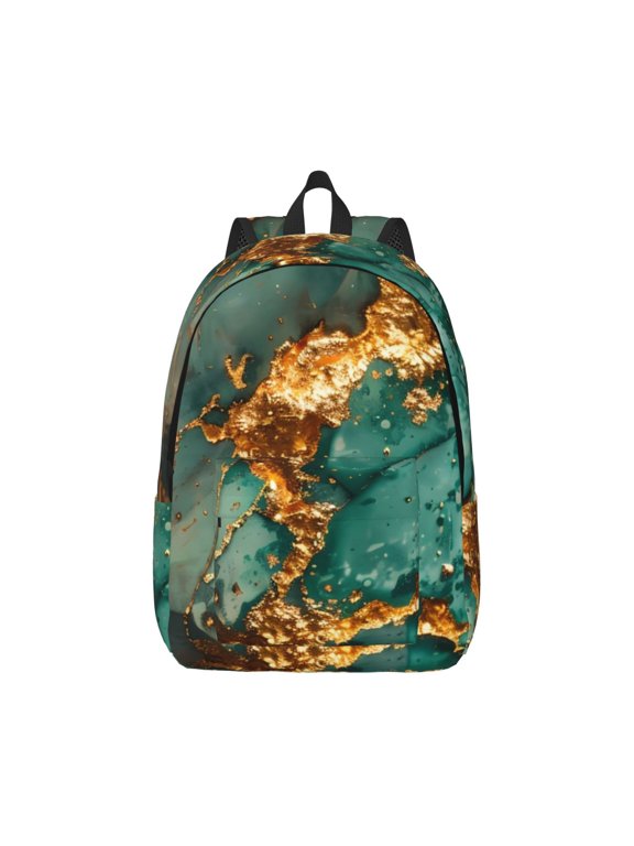 Emerald Color Gold Marble Print Canvas College Laptop Backpack, Durable Rucksack Travel Notebook Bag School Backpack Book Bag for Men Women-