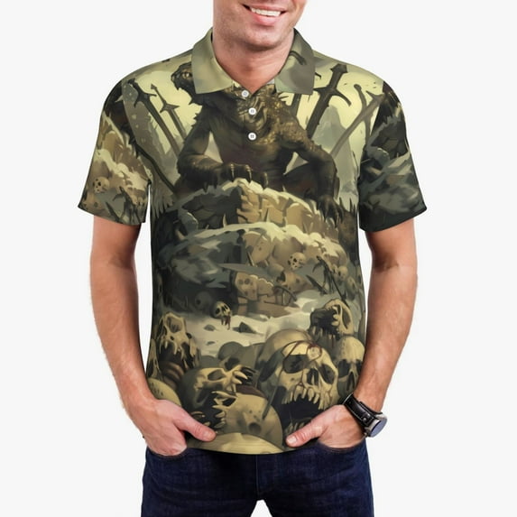 Honeii Epic Dragon Skull Scene Print Polo Shirt, A Classic Short-Sleeved, Button-Down Golf Shirt for Men,Mens Polo Shirts Short Sleeve-XX-Large